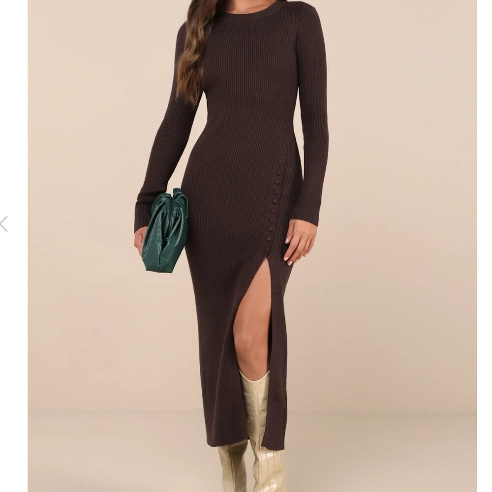 Lulus Refined Attitude Brown Ribbed Side Button Midi Sweater Dress - Size M